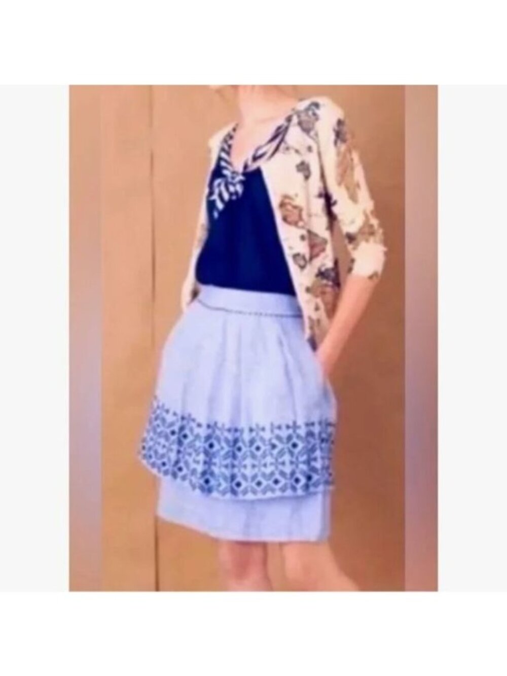 Anthropologie Odile Alphine Dream Blue Tiered Ruffle Embroidered Detail Skirt-10